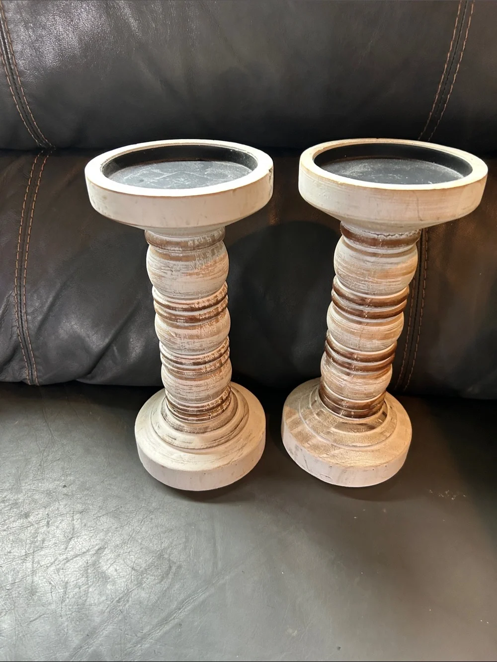 Rustic Distressed White Wood Pillar Candle Holders - Set of 2